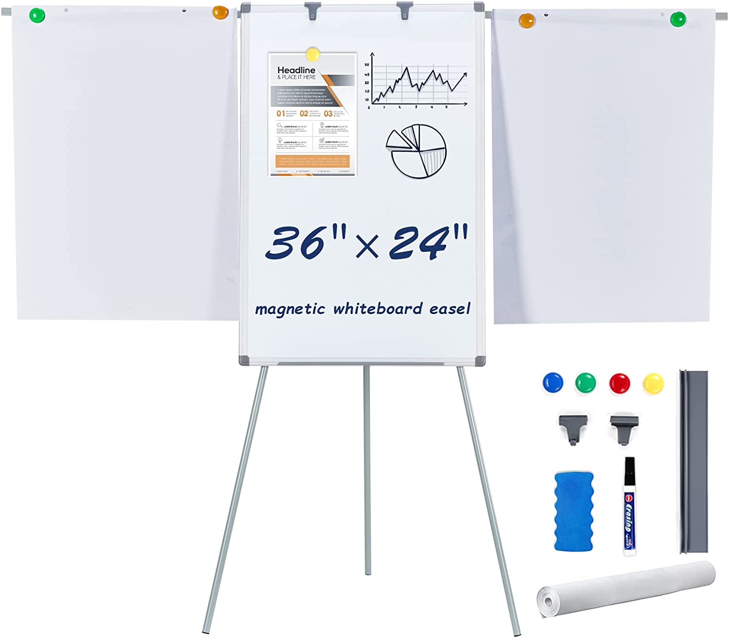 MAKELLO Flip Chart Easel Magnetic White Board with [...]