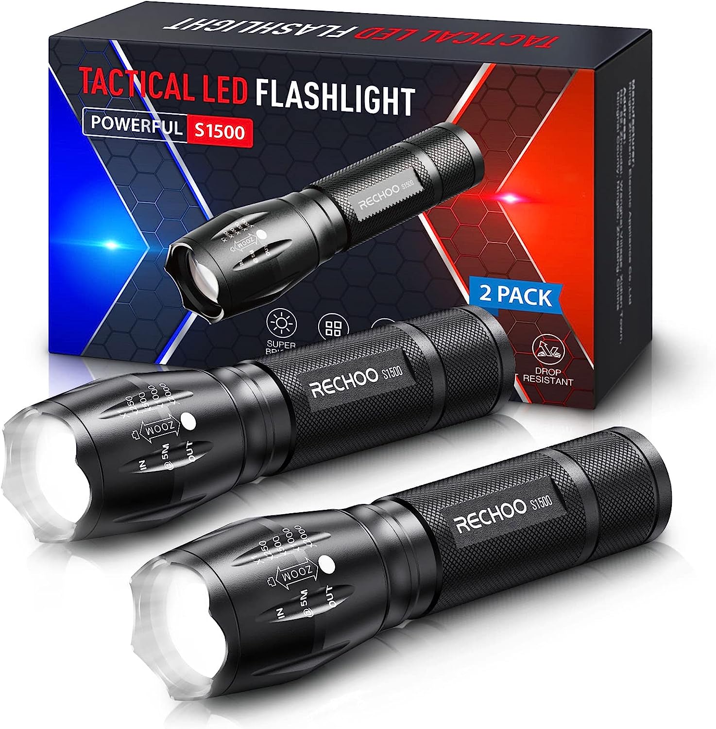 RECHOO Tactical Flashlights 2 Pack, Bright Zoomable [...]