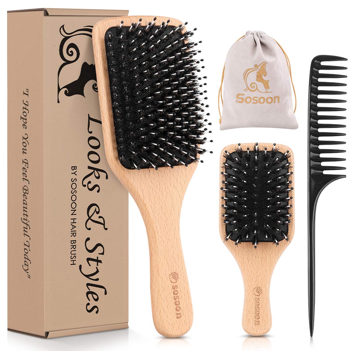 Hair Brush, 2 Pack Boar Bristle Paddle Hairbrush for [...]