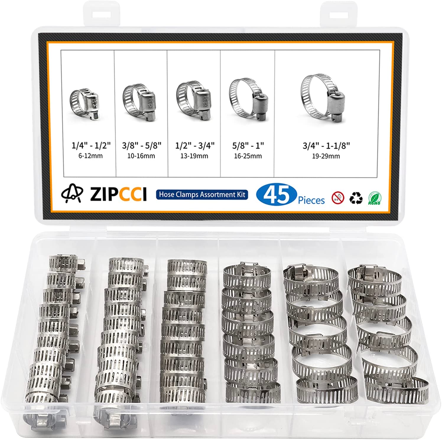 ZIPCCI Hose Clamp Assortment, 45 Pack Stainless Steel [...]