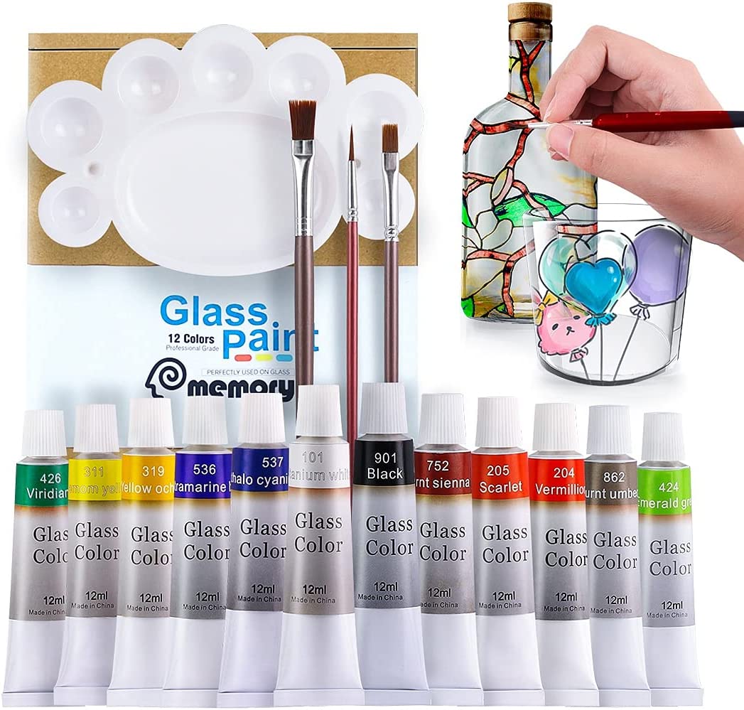 Colorful Stain Glass Paint Kit with 12 Colors, 3 Nylon [...]