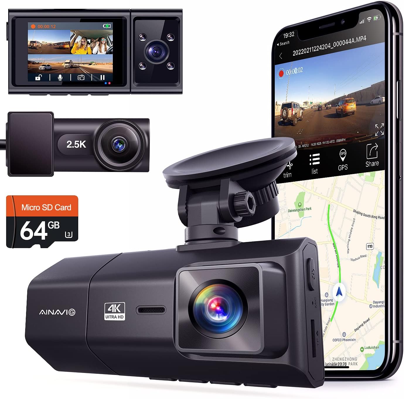 3 Channel 4K Dash Cam for Cars, 4K+2.5K Front and Rear [...]