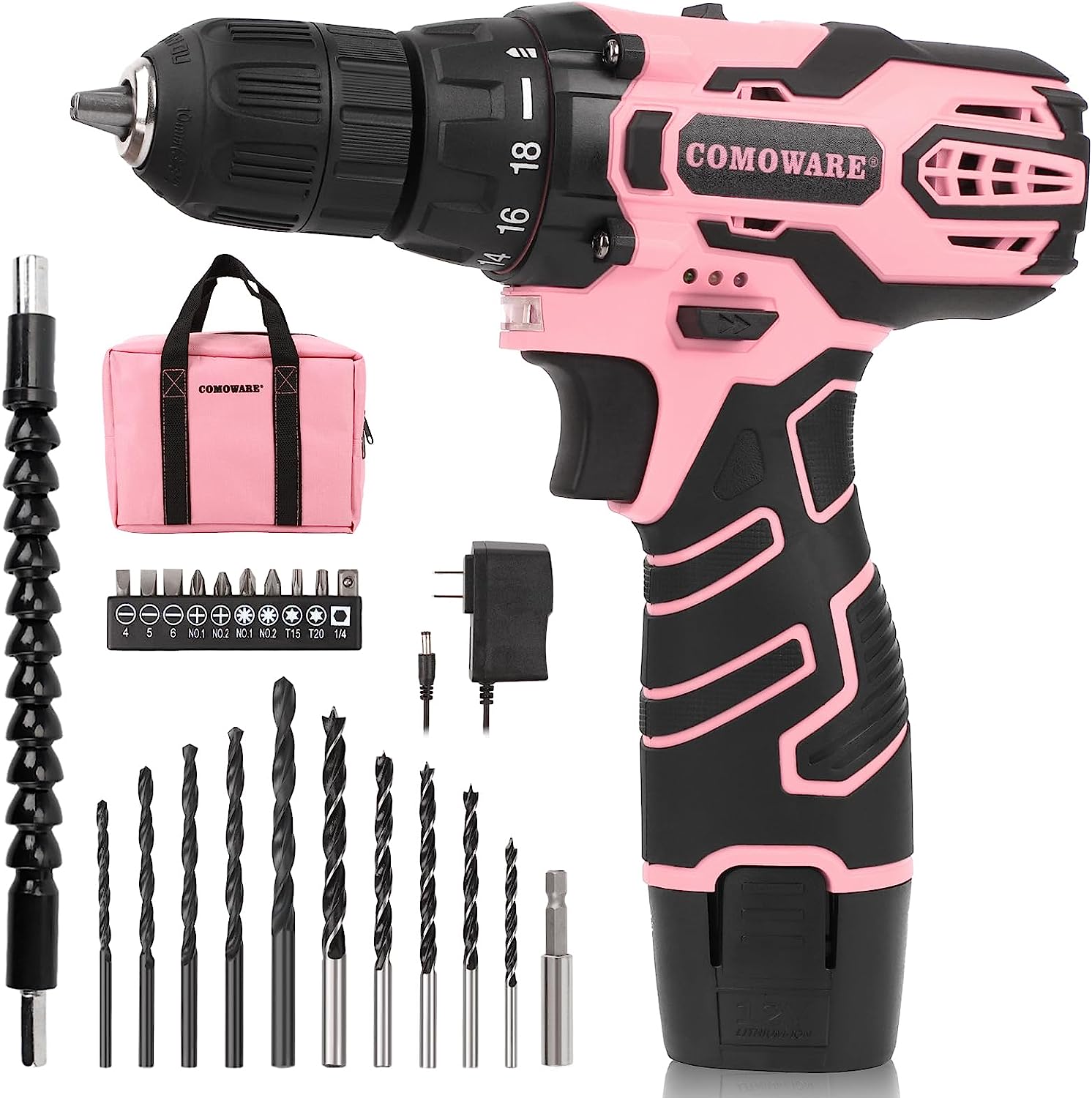 COMOWARE Pink Power Drill, 12V Pink Cordless Drill, [...]