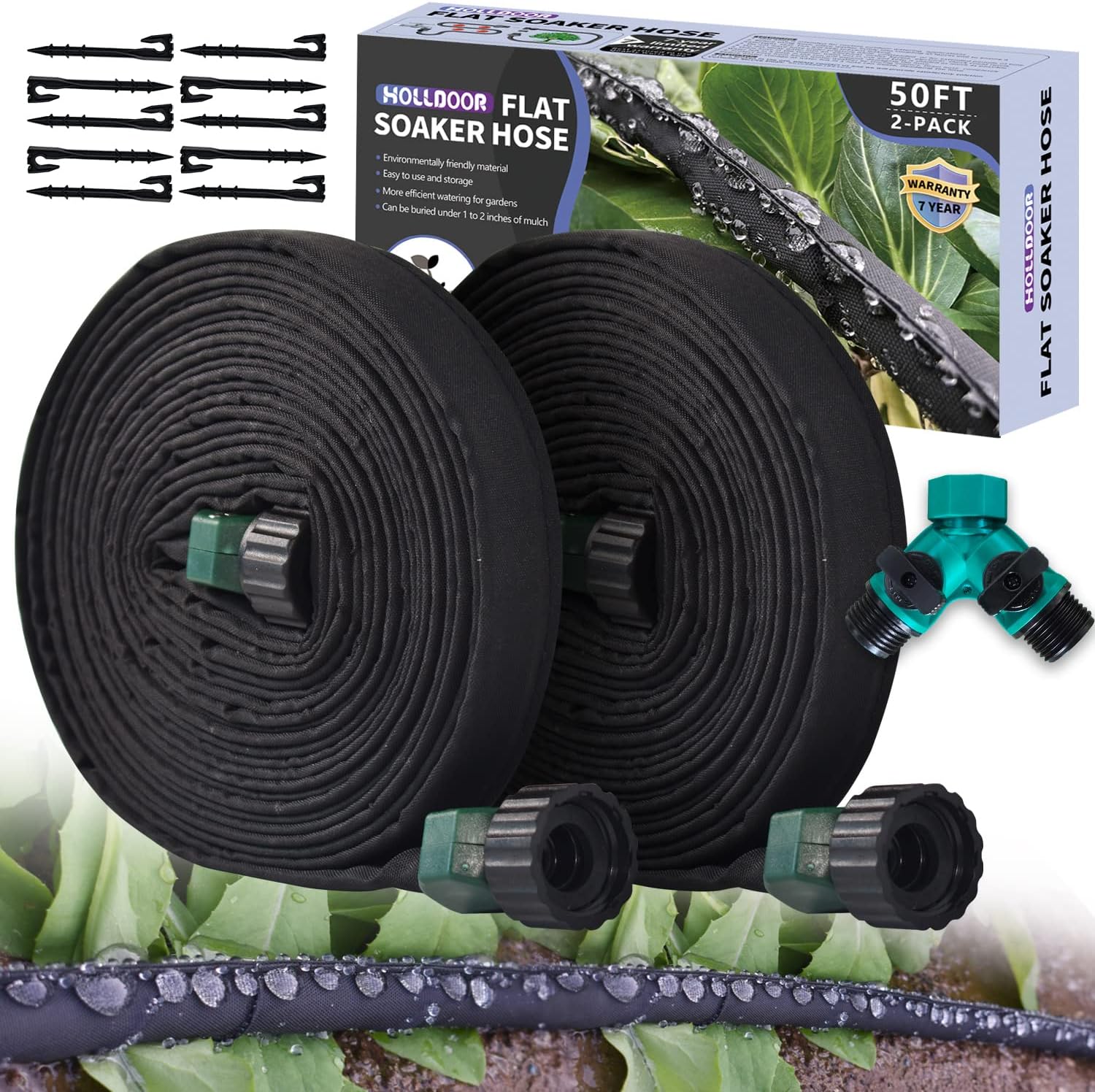 2-Pack Flat Soaker Hose 50 Ft for Garden Beds with [...]