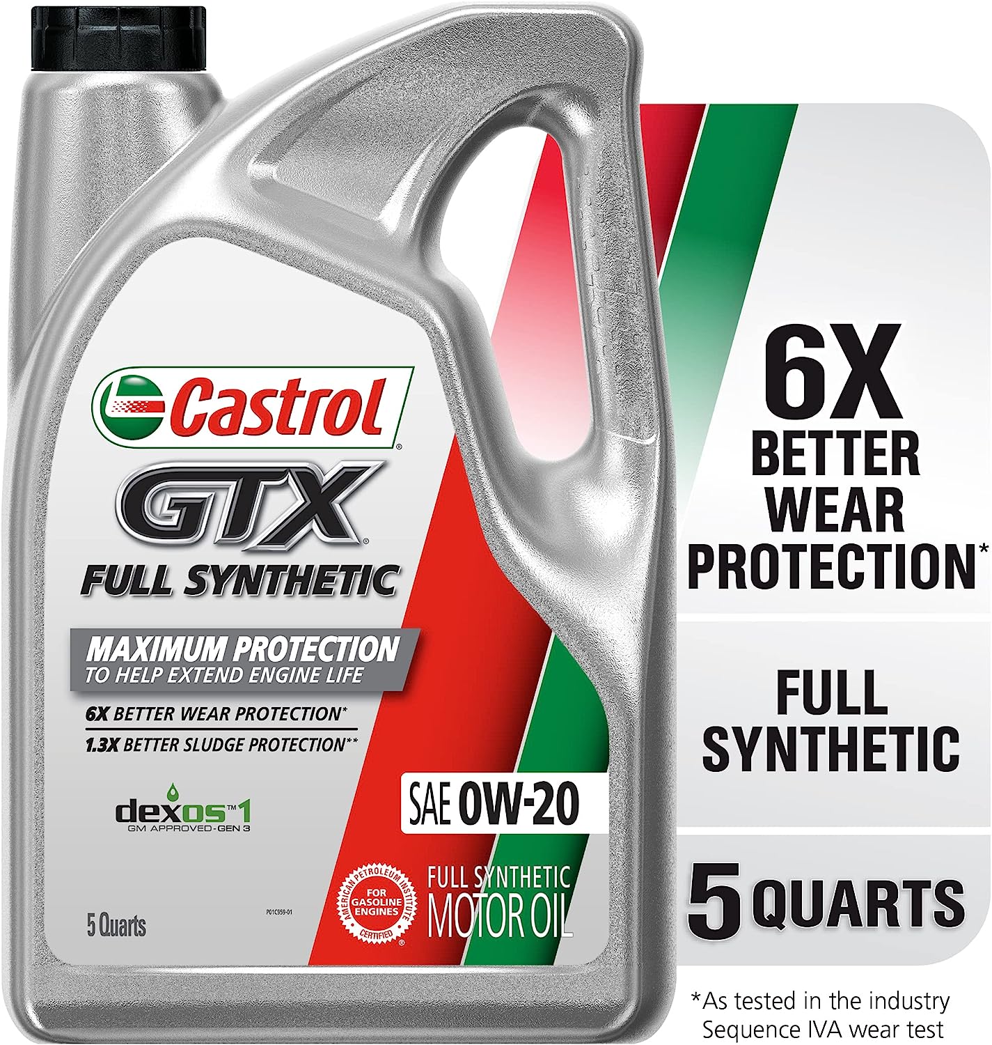 Castrol 15E725 GTX Full Synthetic 0W-20 Motor Oil, 5 Quarts