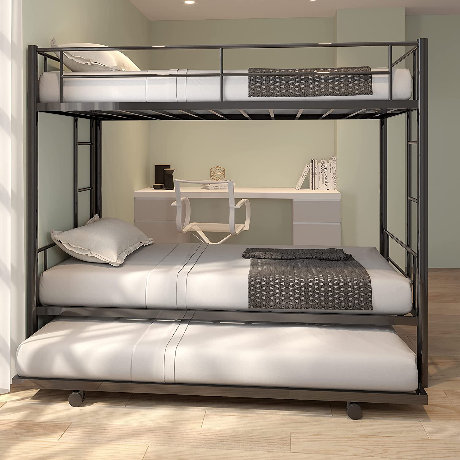 CALABASH Twin Over Twin Metal Bunk Bed with Trundle [...]
