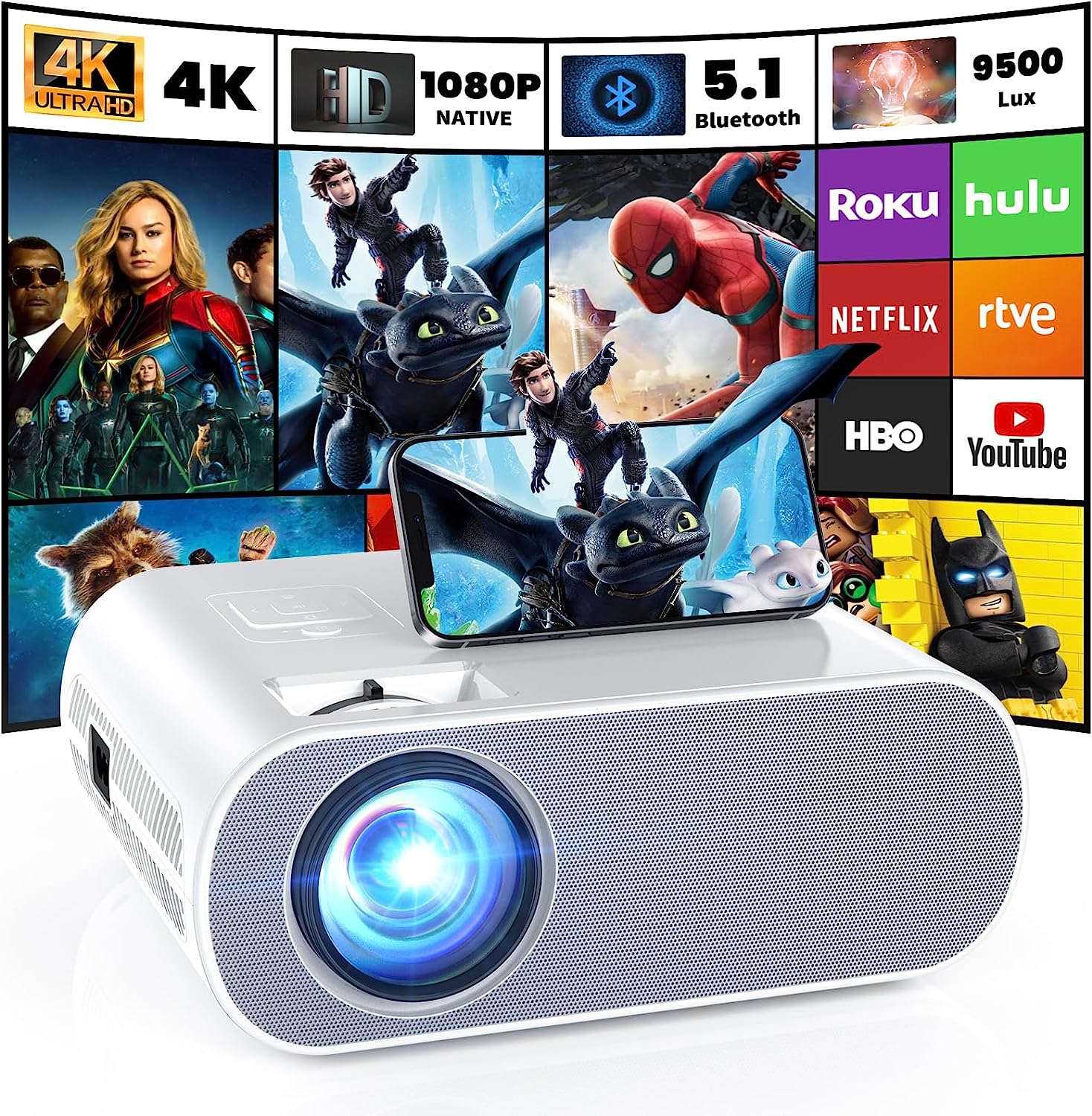 HOMPOW Projector, Native 1080P Full HD Bluetooth [...]
