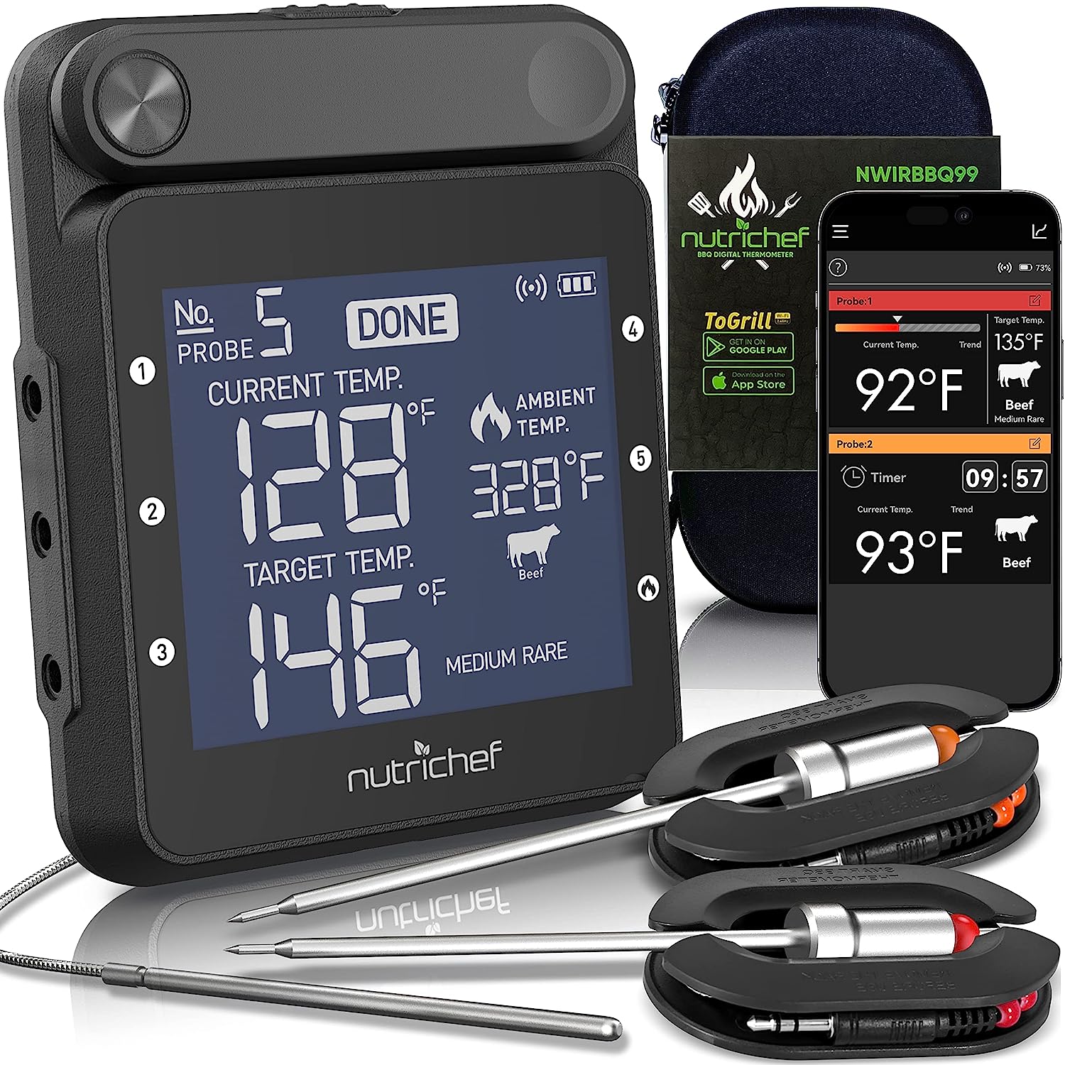 NutriChef WiFi Grill Meat Thermometer, Wireless Dual [...]