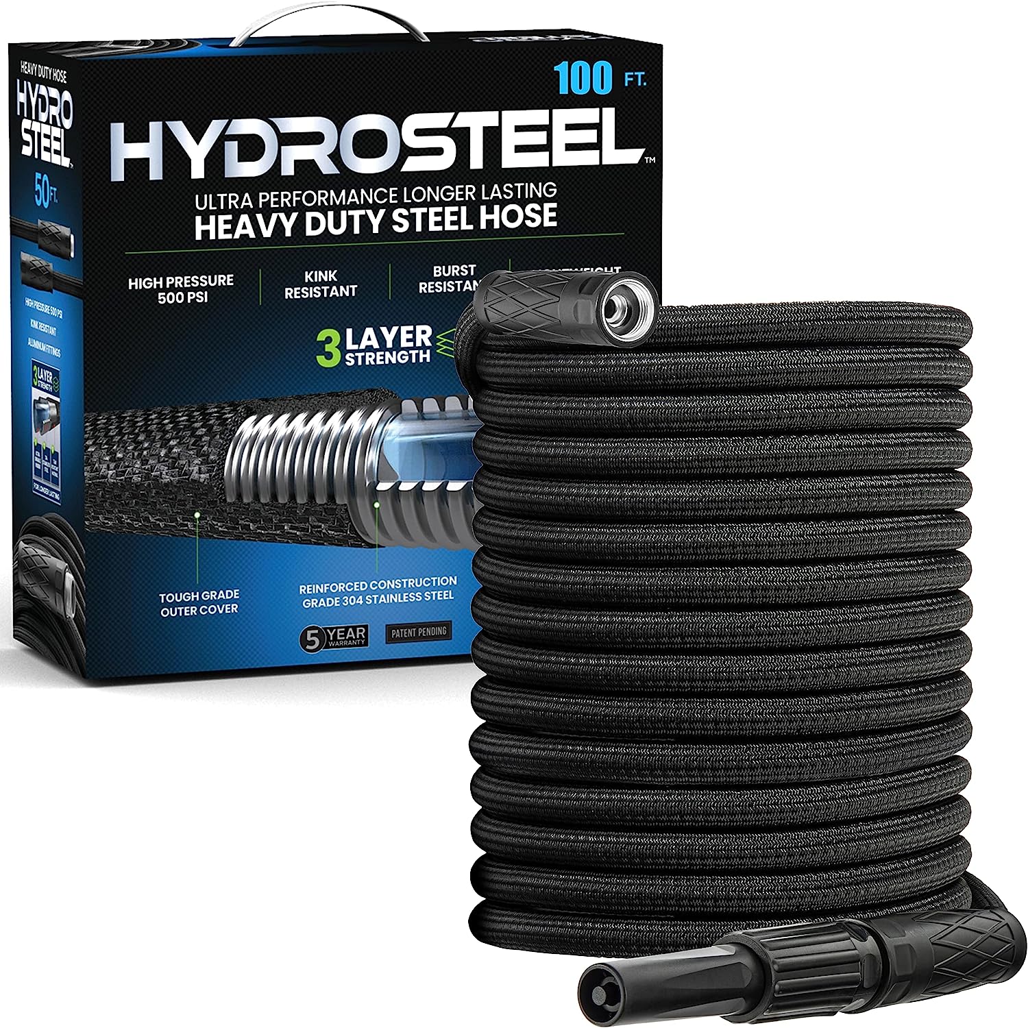 Hydrosteel 100 Ft Garden Hose, 3-Layer Metal Water [...]